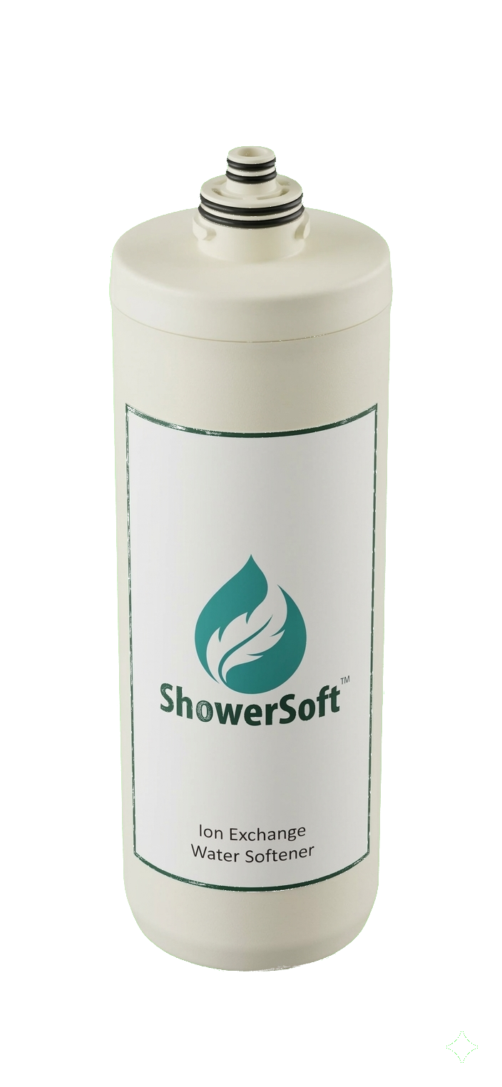 ShowerSoft portable shower softener — ion exchange unit with brine tank for hard water